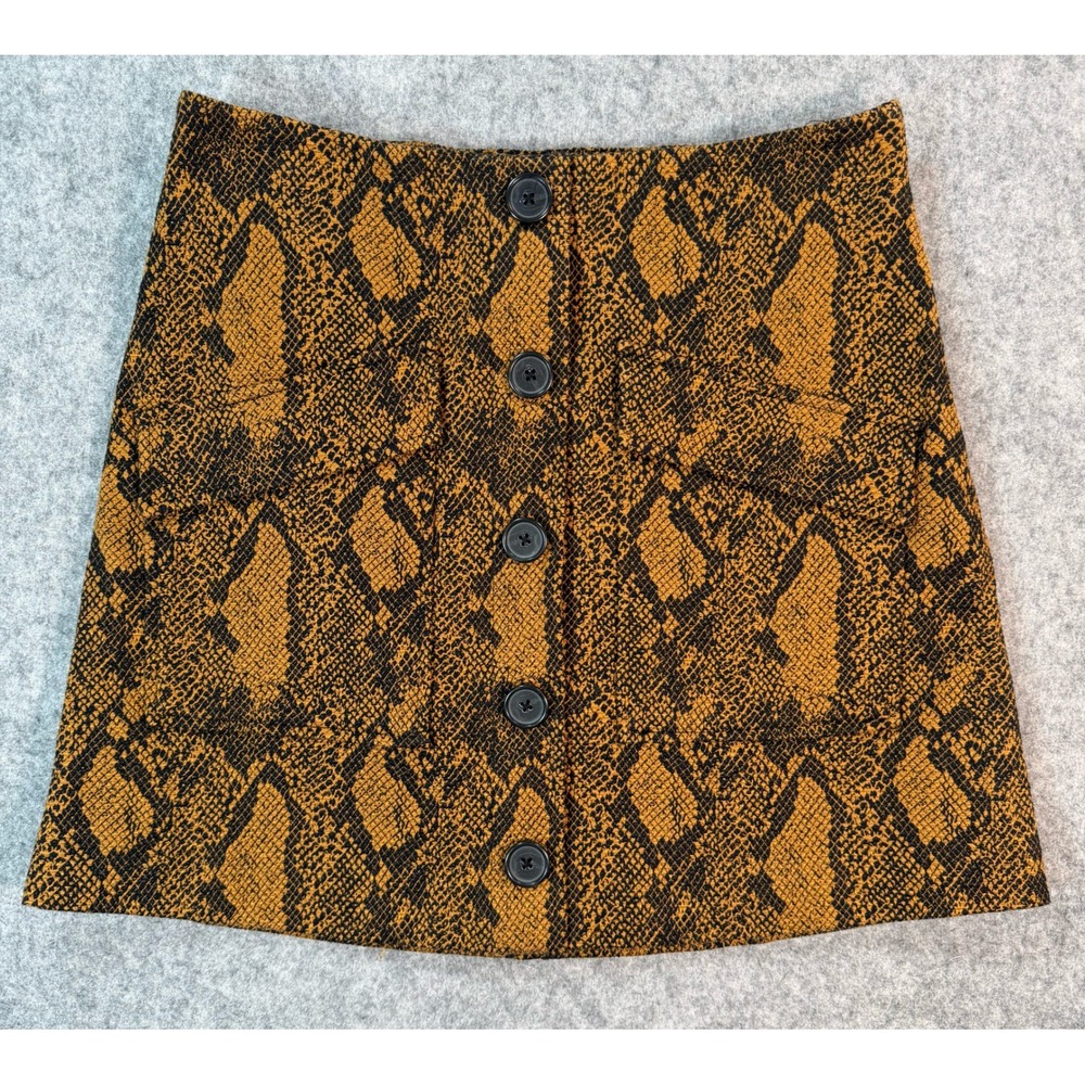 Joie‎ Snakeskin Print Button Front Mini Skirt Mustard Yellow Black Size 2